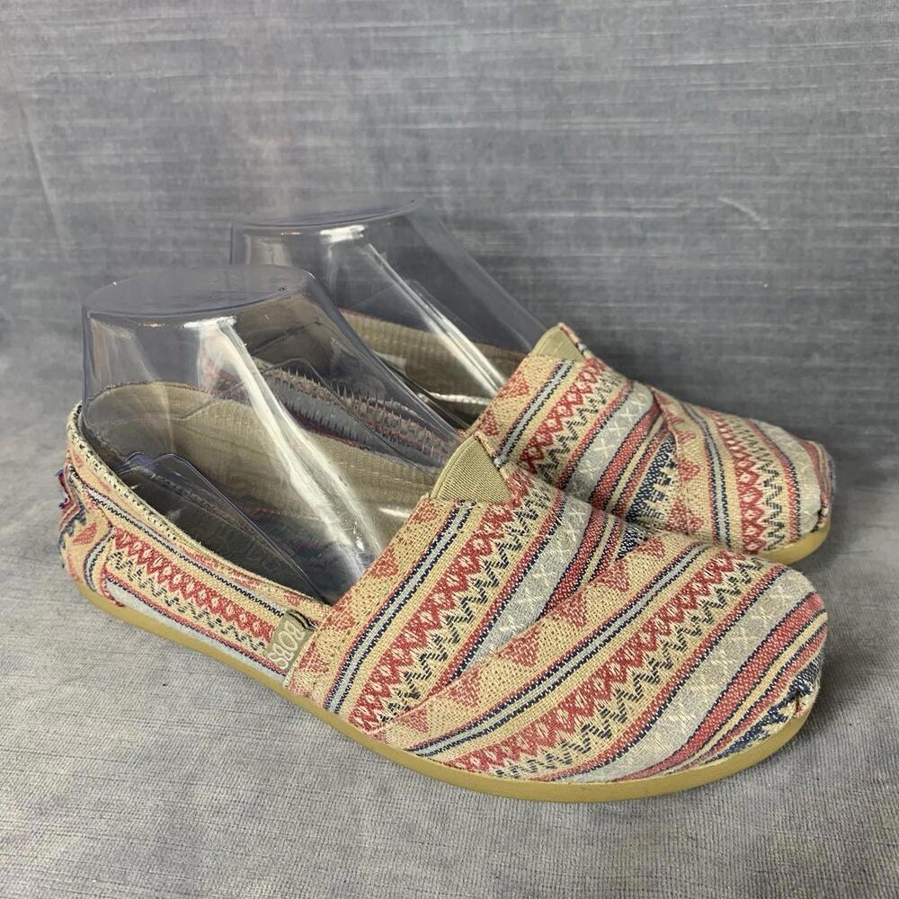 BOBS Skechers Womens Size 6 Casual Aztec Print Slip On Loafers Red Canvas Shoes